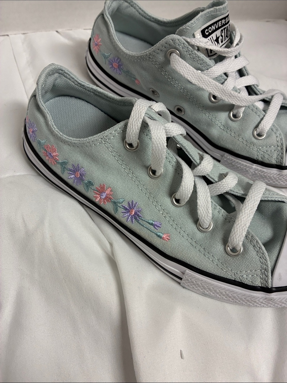Converse Low Top Sneakers in Mint with Pastel Floral Embroidery